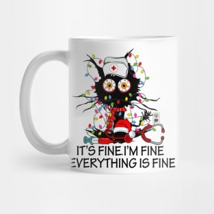 Black Cat It's Fine I'm Fine Everything is Fine Nurse Christmas Mug